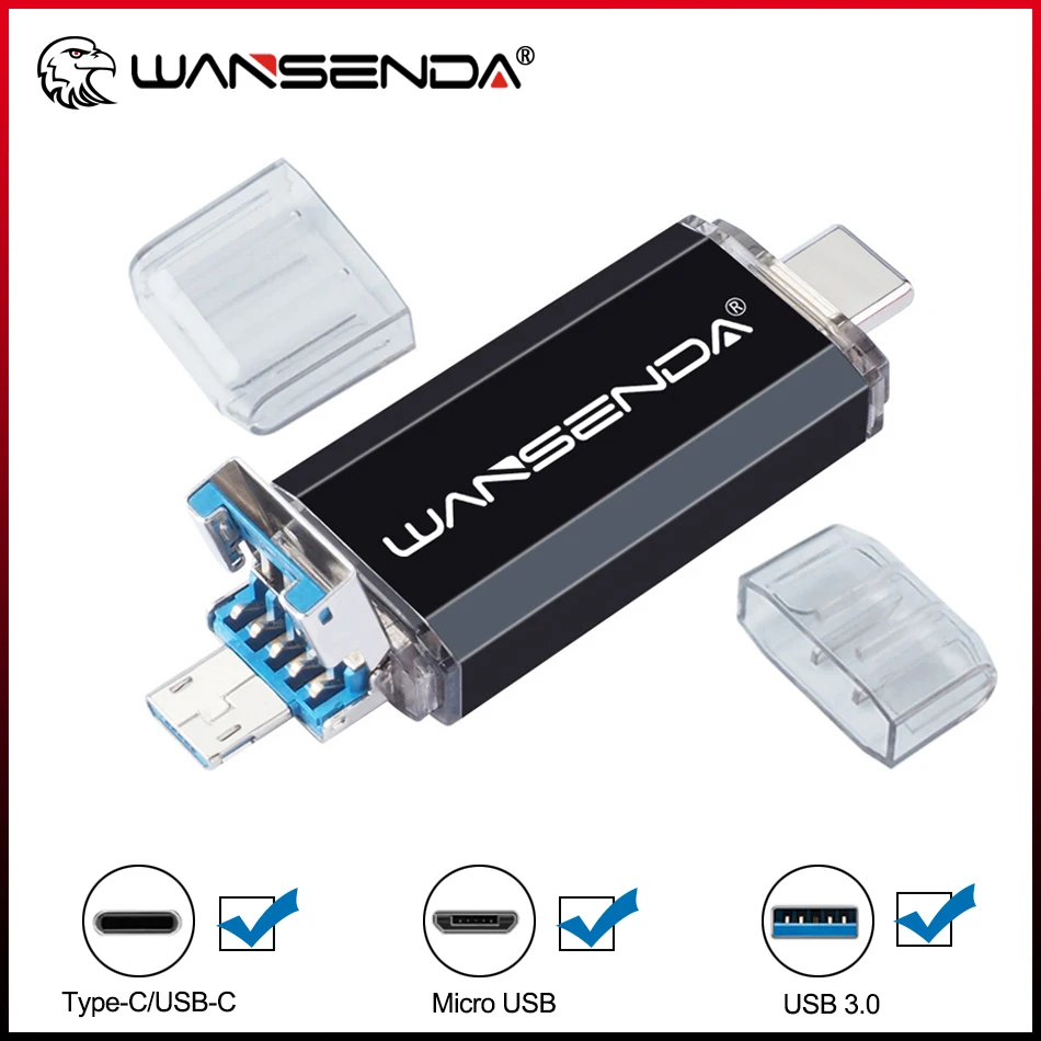 

Флэш-накопитель WANSENDA Micro USB 3.0 128 ГБ Type C Pendrive 32 ГБ 64 ГБ 256 ГБ 3-в-1 Flashdisk 512 ГБ U-диск для смартфона Android