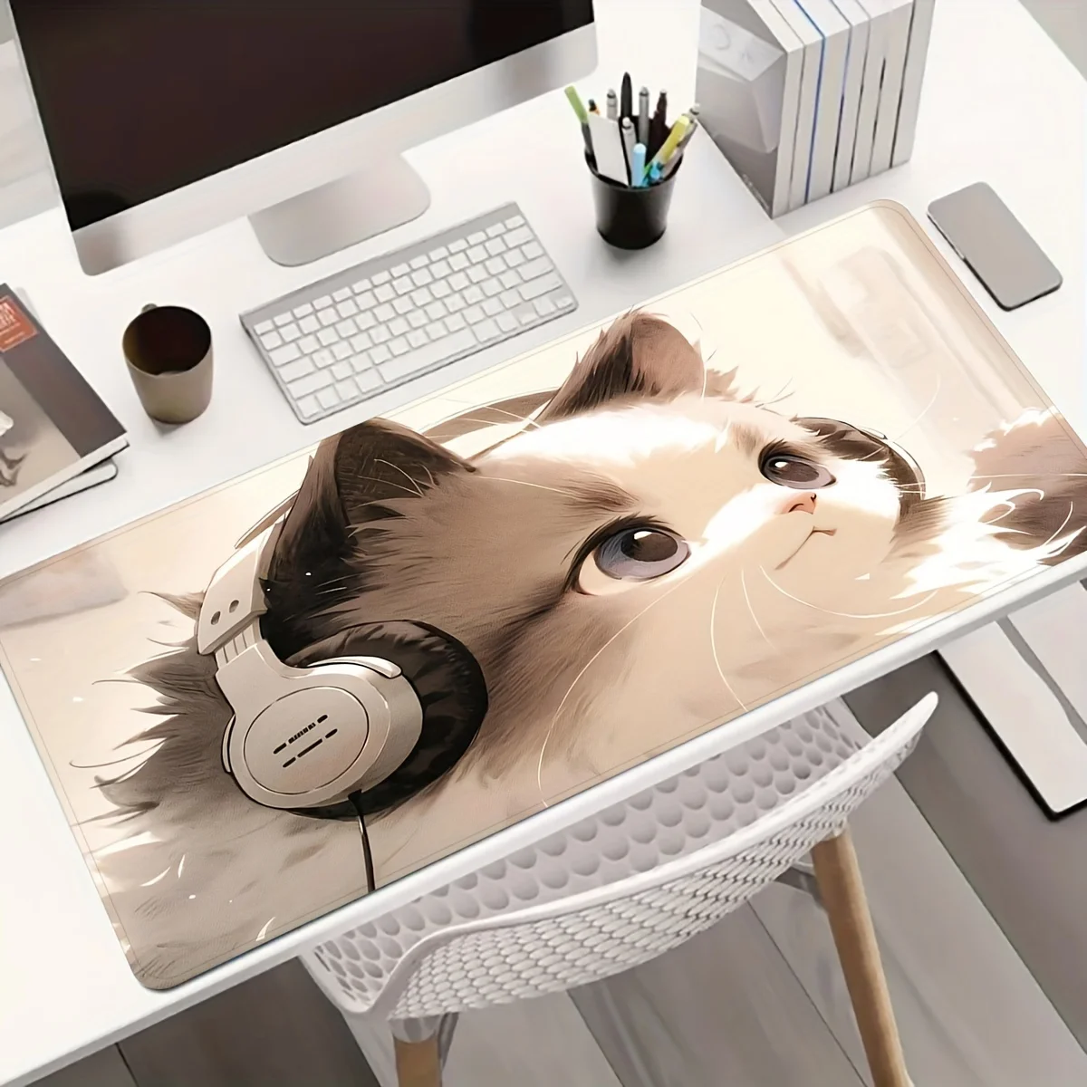 Cute Kitten with Headphones Gaming Mouse Pad Anti-slip Rubber Base Rug 400x900 Kawaii Mat Office Pc Accessories Precision-locked