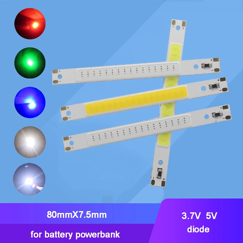 Input 3.7V 5V 3W Warm White Blue LED COB Light with 80mmX7.5mm Base