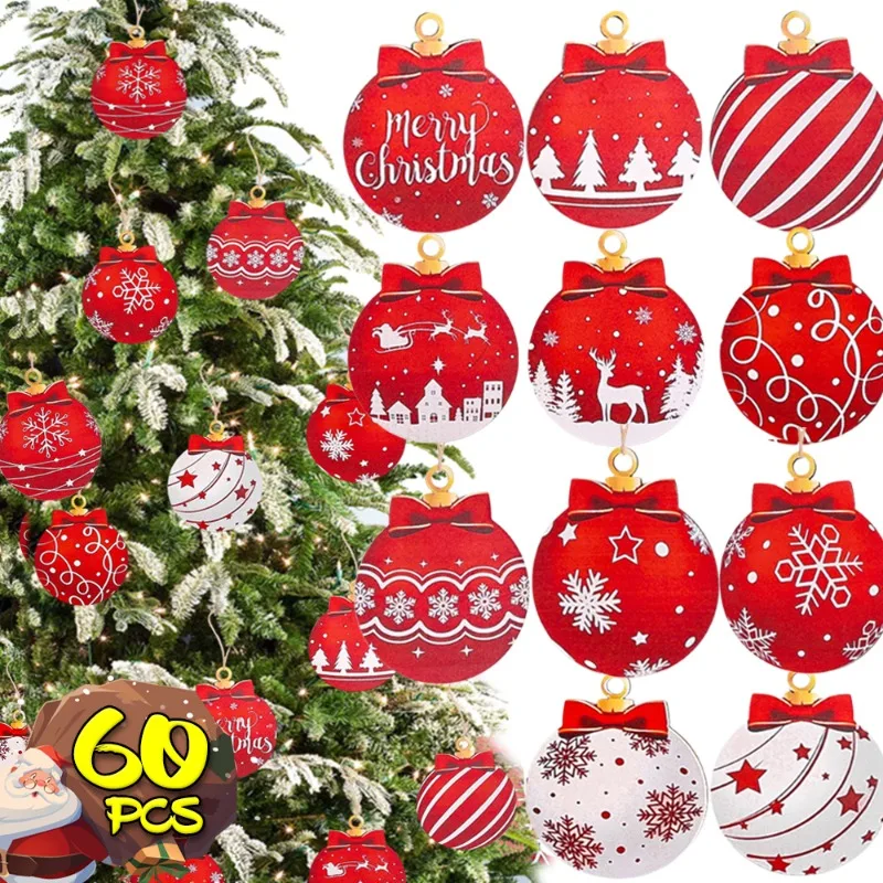 12/60PCS Wooden Christmas Drop Ornaments Wooden Round Tags Ball Set DIY Christmas Tree Craft Ornament for DIY Craft Garden Party