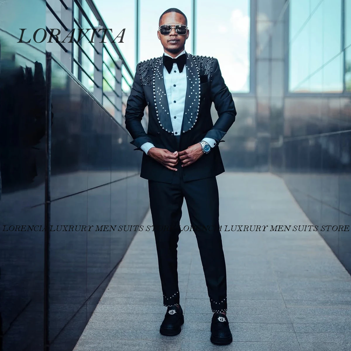 

Customized Stunning Gem Stones Beaded Tuxedo Men Suit 2 Pieces Sets Slim Fit Pearls Groom Party Prom Blazers Shawl Laepl Homme
