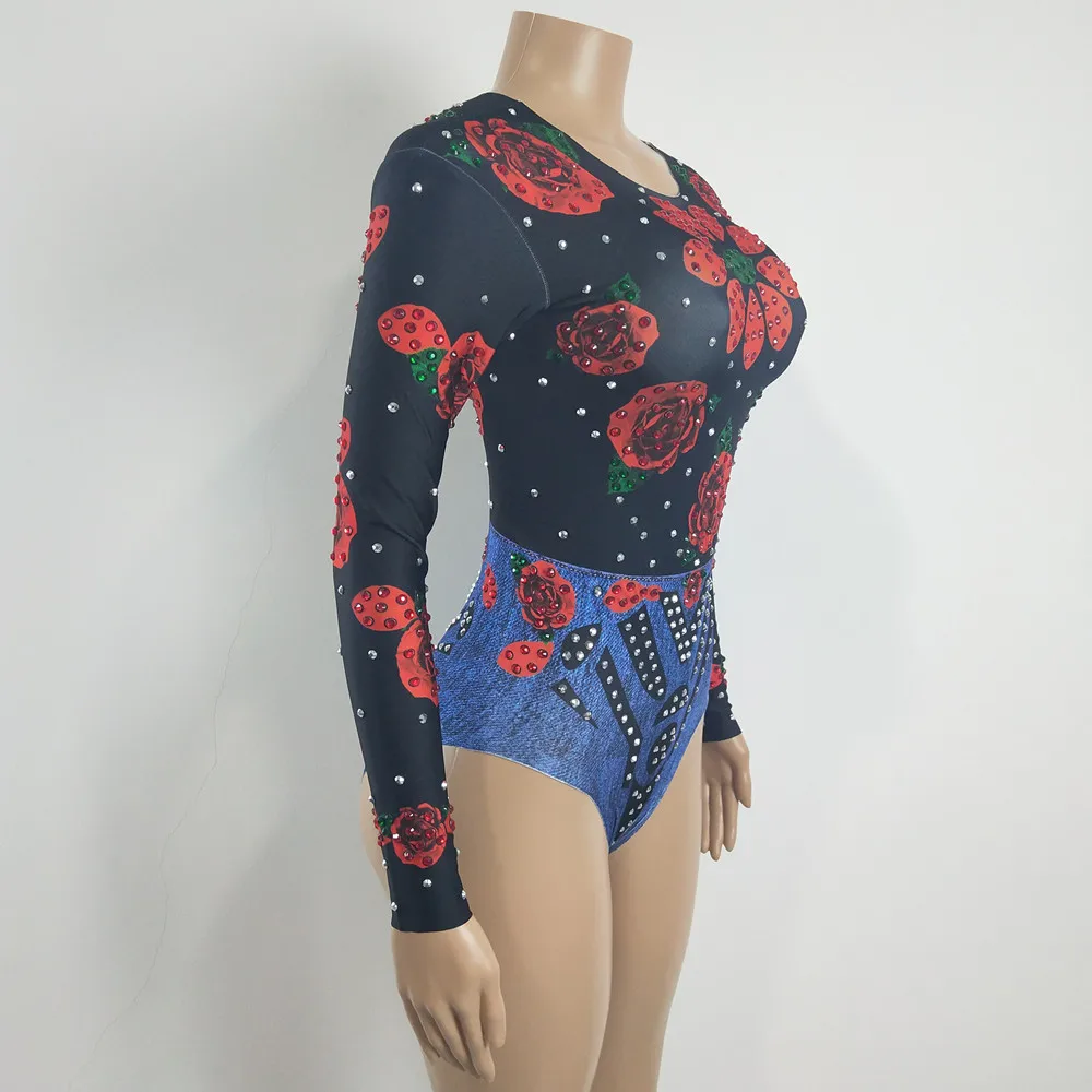 Petal Printing Rhinestones Dance Leotard Elastic Tight Bodysuit Women Singer Dancer Sexy Stage Wear Bar Performance Costume