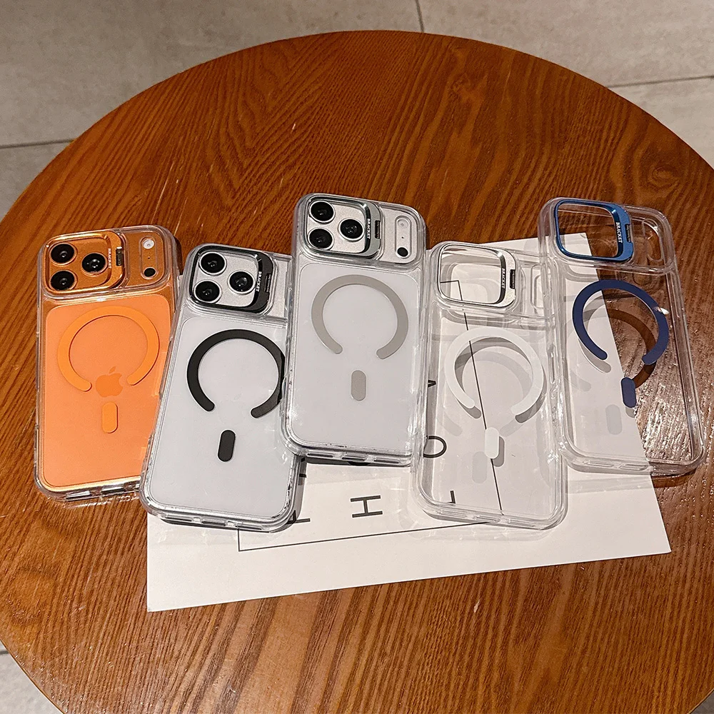 Magnetic Bracket Phone Case For Apple iPhone 17 16 15 14 13 12 11 Pro Max With Lens Stand Rack Transparent TPU Shockproof Cover - view 3