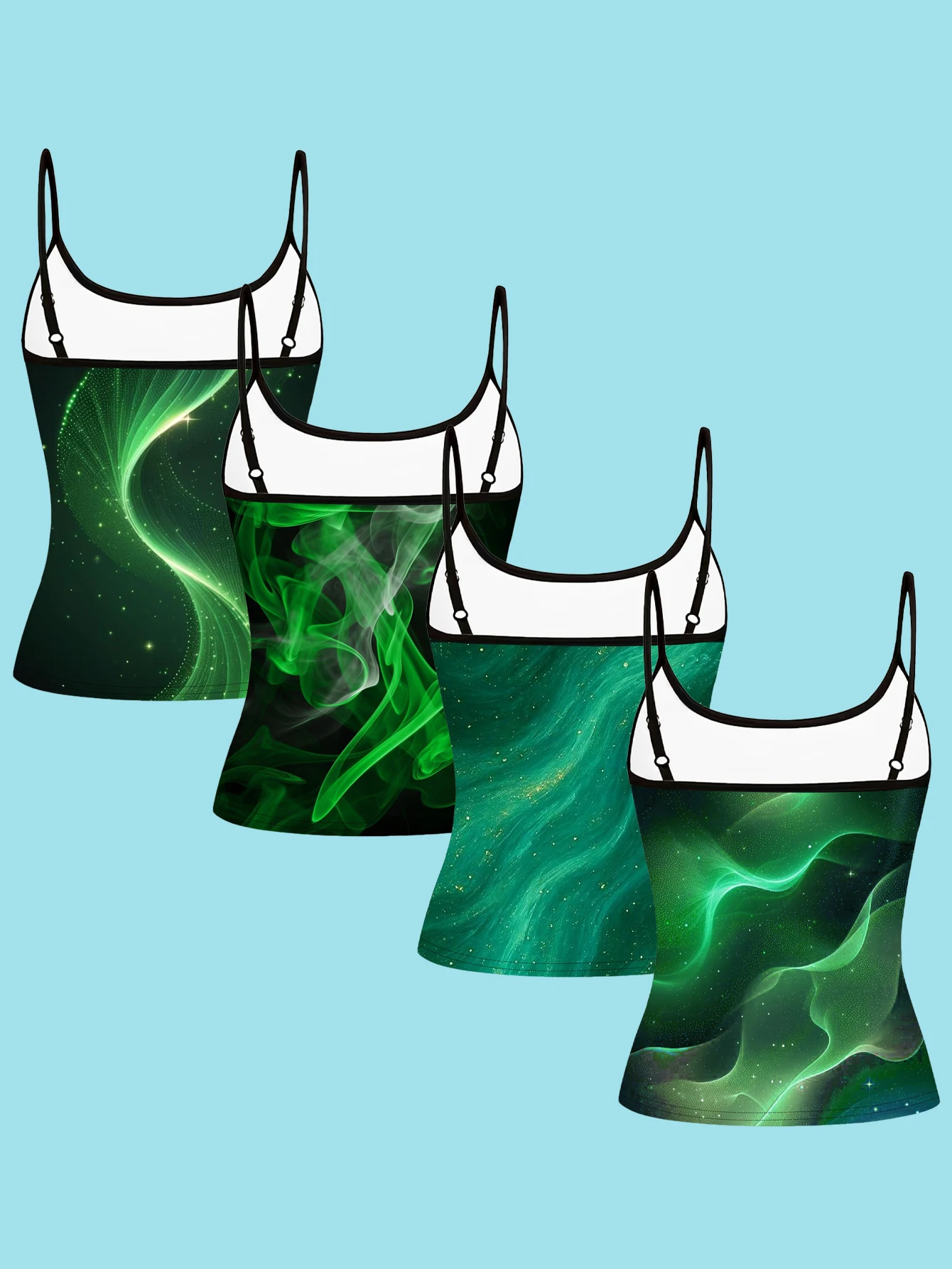 4-Piece Set of Women's Green Aurora Smoke Flow Print Camisole Tops, Cyber Green Iridescent Fluid Light Effect Slim-Fit Spaghetti Strap Inner Tops