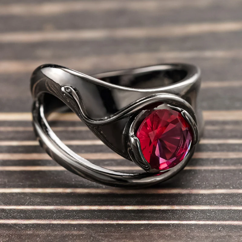 Huitan Vintage Twist Unregelmäßige Runde Rote Zirkonia-Ringe für Damen Schwarz Gunmetal Beschichtet Täglicher Party-Schmuck Einzigartiger Damenschmuck – Detail 5