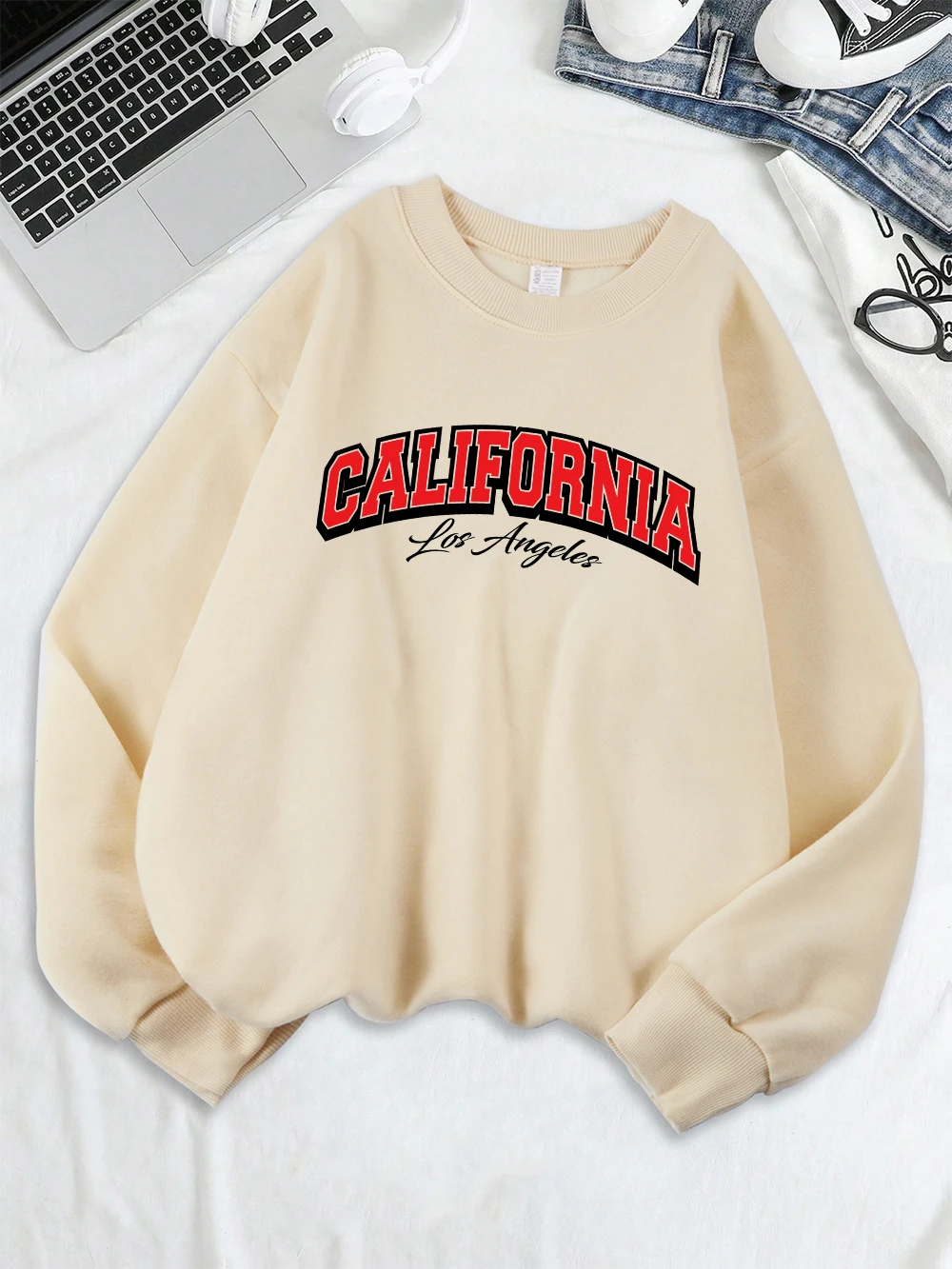 California Los Angeles City Printed Sweatshirt Women Fleece Warm Casual Hoodie O-Neck Loose Pullover Winter Comfortable Tops