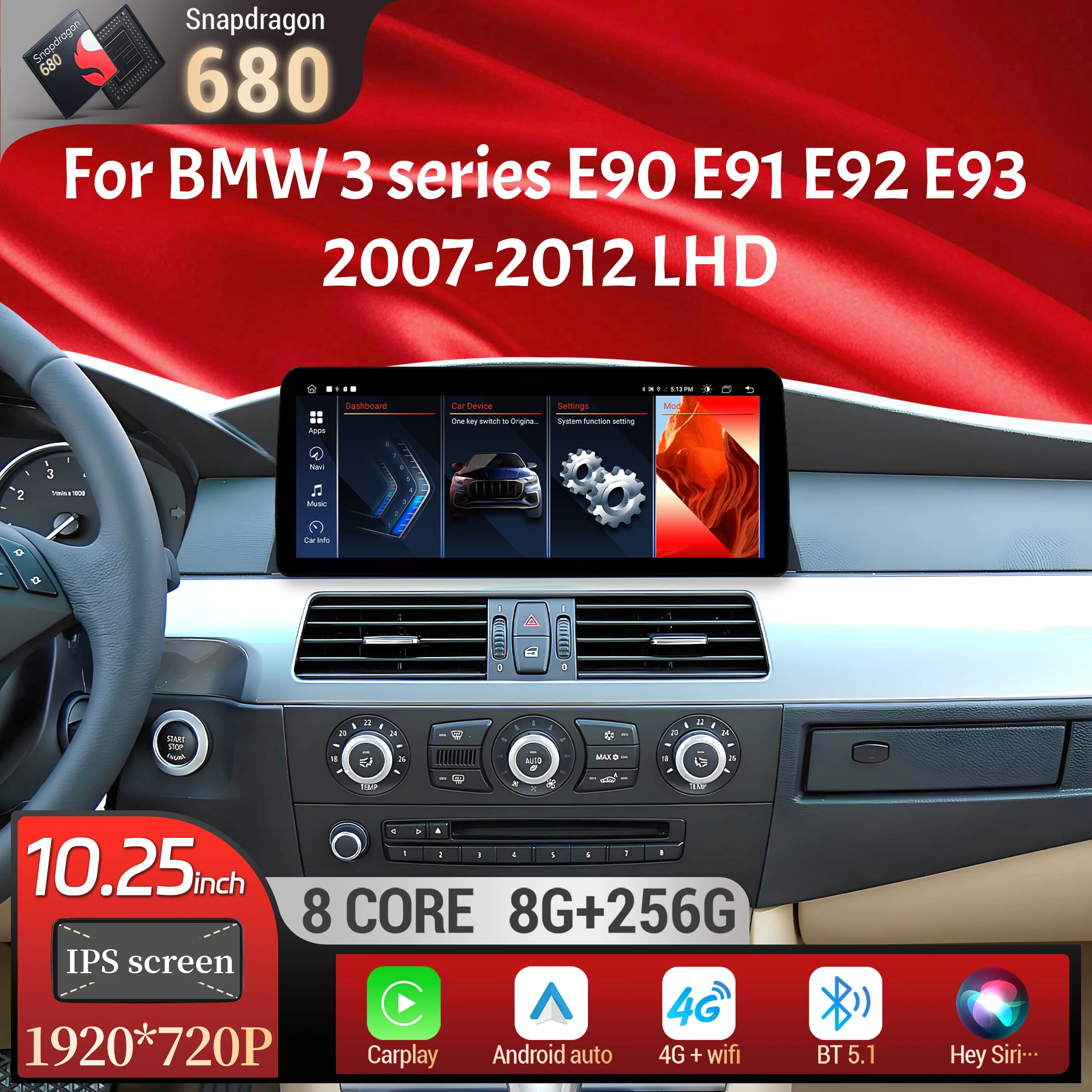 10.25 inch Left Hand Drive Android 14 For BMW 3 series E90 E91 E92 E93 2007-2012 Car Radio Carplay Snapdragon 680 Touch Screen