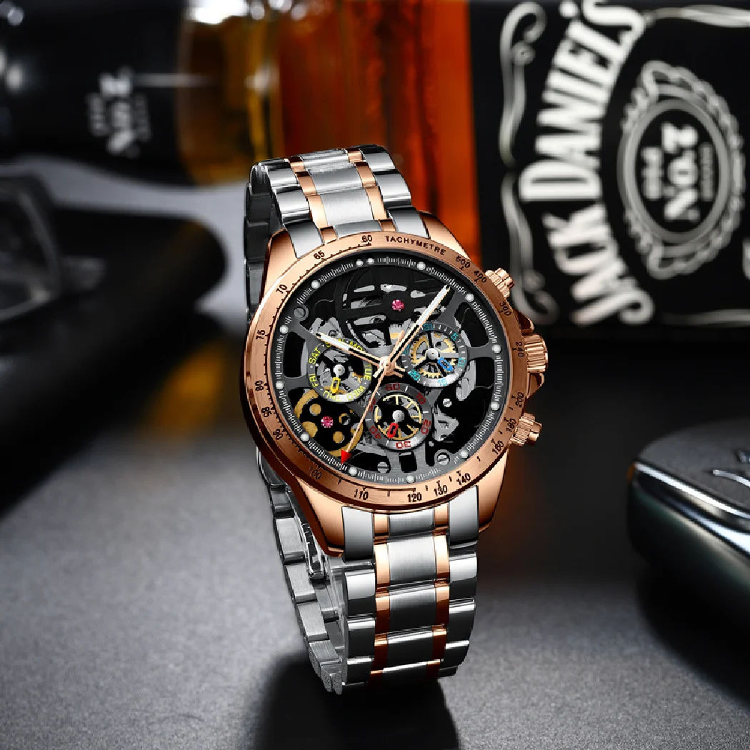 Luxury Brand Skeleton Mechanical Men Watches HAIQIN DESIGN Stainless Steel Automatic Watches For Men pagani design Reloj hombres