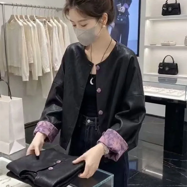 Autumn 2026 Heavy Embroidery round Neck Splicing Slimming Leather Jacket Women's Traditional Chinese Style Fashionable Coat