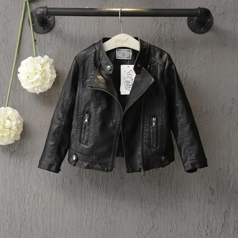 New Girls Boys Black Pu Zipper Jackets Kids Baby Leather Jacket Spring Autumn Cool Coat Children Clothes Overcoats 2-14T