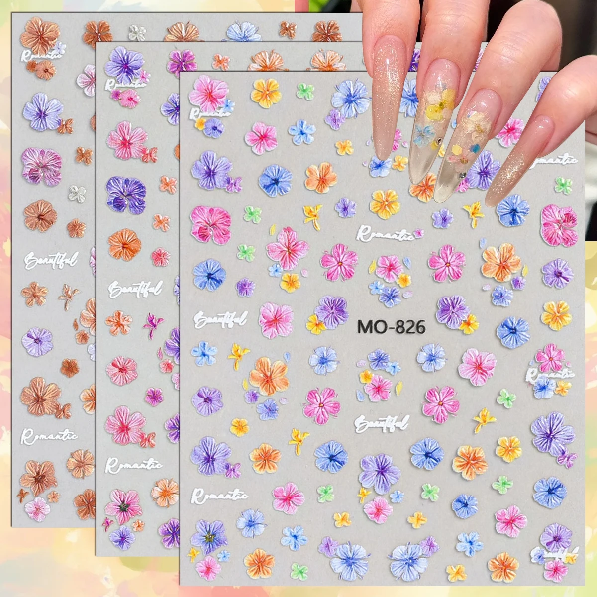 3 bis 15 Blatt 5D Romantische Blumen-Nagelaufkleber Bunte Florale Selbstklebende Geprägte Nagelsticker für Frühlings-DIY-Maniküre