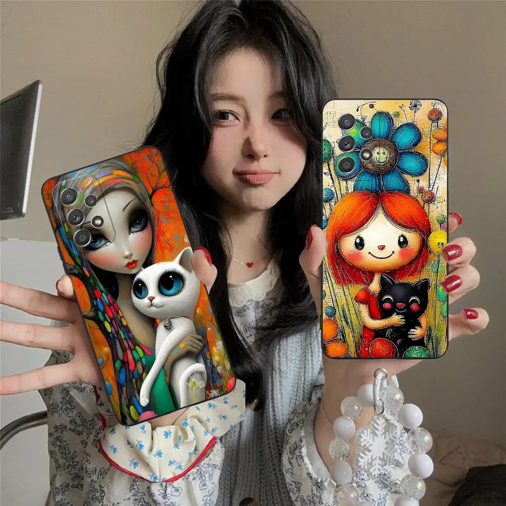 Girl Cat Kitten Art Phone Case for Samsung Galaxy M55 54 42 35 34 33 32 23 22 15 14 13 12 F55 5G Colour Protective Cover Luxury #2