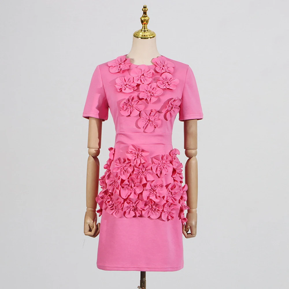 TWOTWINSTYLE Solid Slimming Dresses for Women Round Neck Short Sleeves Patchwork Appique Temperament Dress Female Clothing New