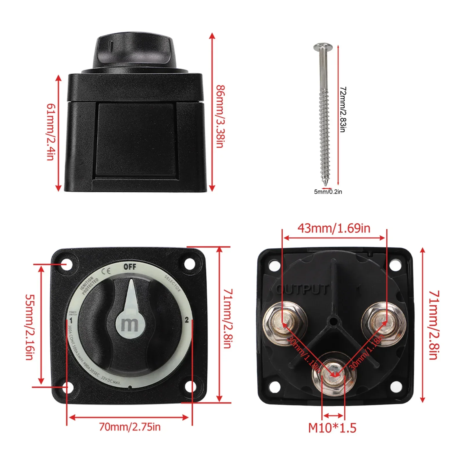 Battery Disconnect Switch 300A Marine RV Battery Selector Switch 3-Position OFF-1-2 Battery Switch for Boats RVs Caravans