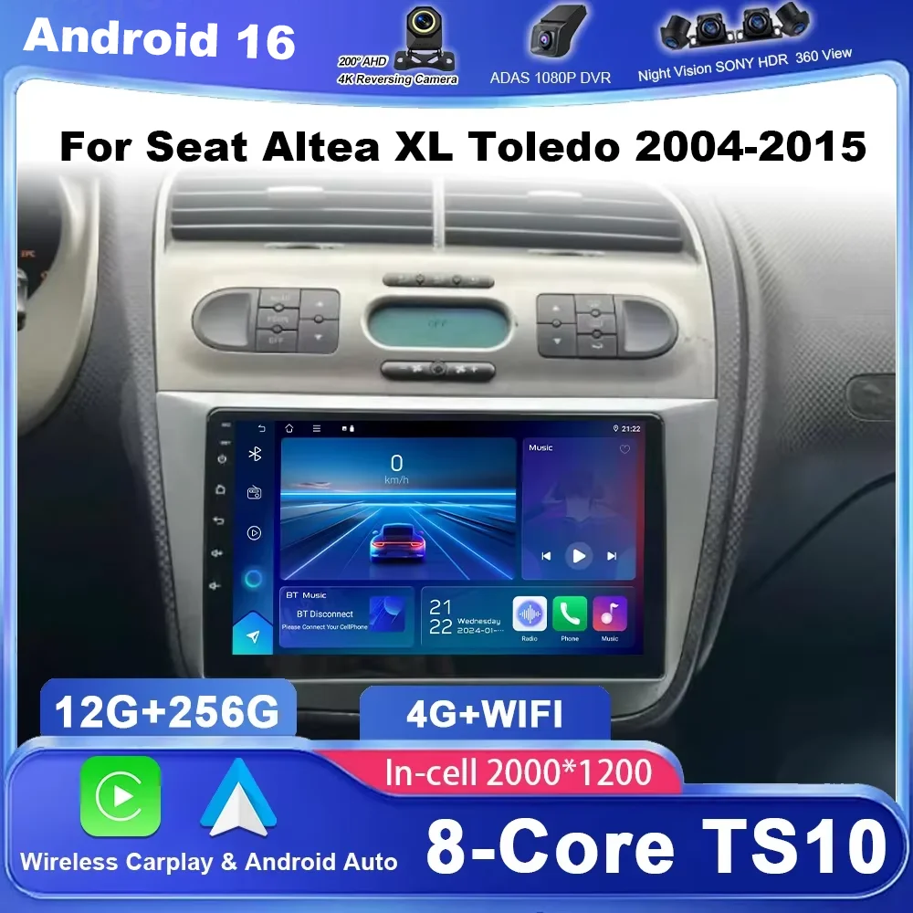 Rádio Android 16 para Carro para Seat Altea XL Toledo 2004-2015, Reprodutor Multimídia Automotivo com GPS, Navegação, Carplay e Tela Touch QLED