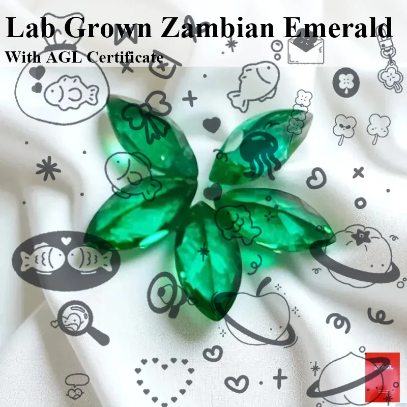 Lab Grown Zambian Emerald, Hydrothermal, Hand-Cut, Marquise Cut, with Crack Inclusions, Comes Selectable Jewelry Certificate