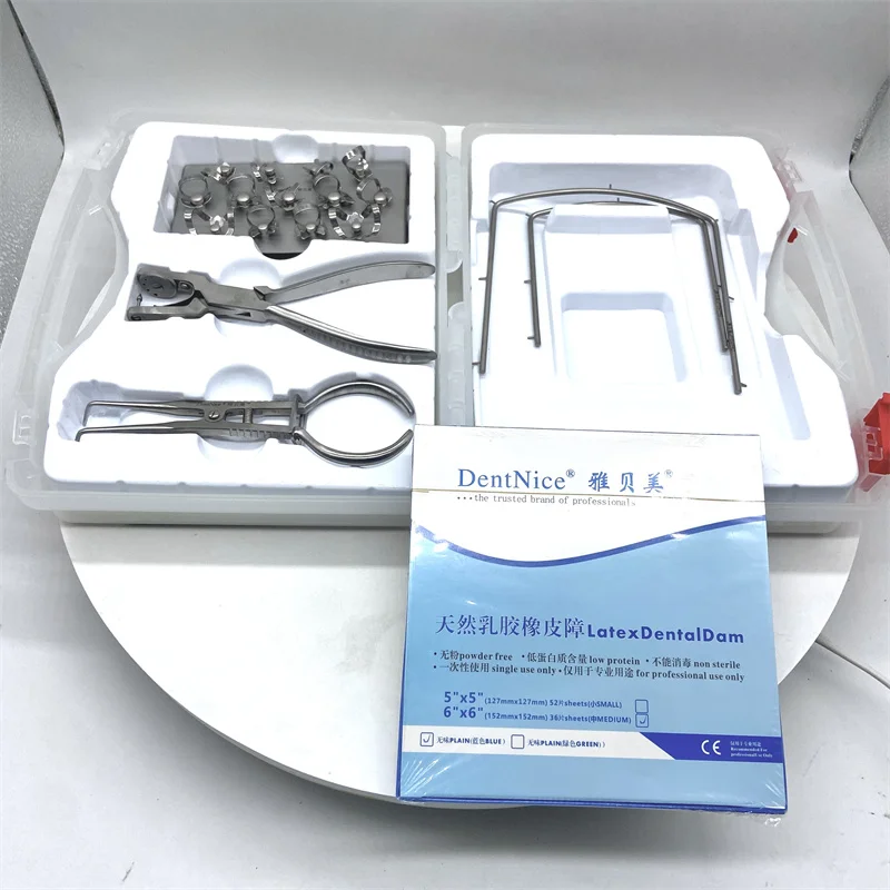 DentNice Dental Dam Kit Rubber Dam Set with Clamps Punch Forceps Frame for Dental Endodontic Root Canal Treatment