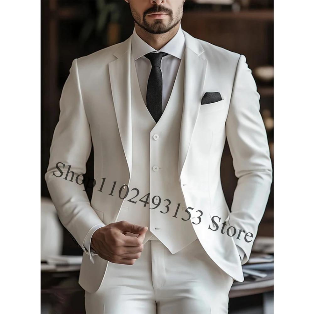 

White Wedding Suits For Men 3 Pieces Best Men Groom Tuxedo Formal Male Suits Blazer Vest Pants Tailor Made Costume Homme Mariage