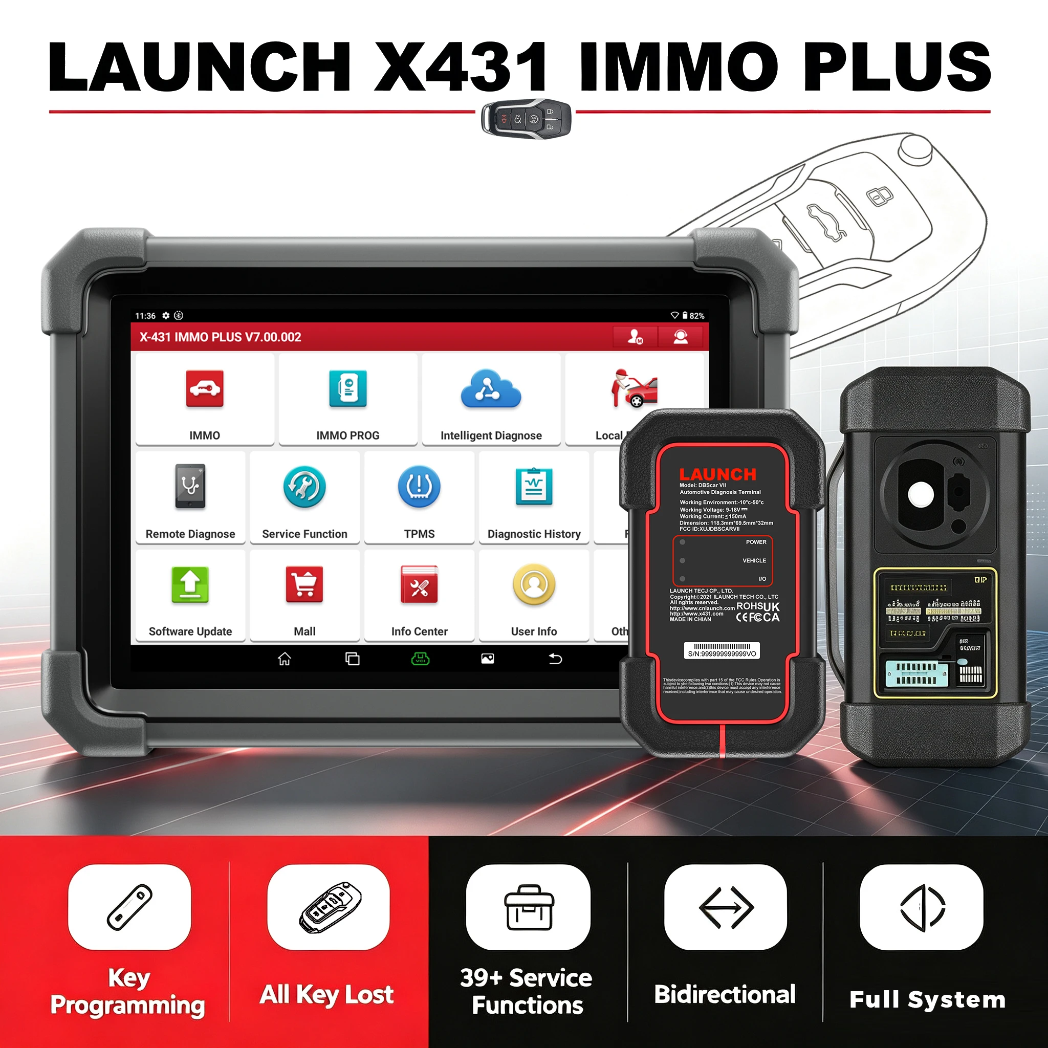 Launch X431 Immo Plus Autoschlüssel-Programmiergerät, Dbscar Vii Vci, Vollsystem Bidirektionaler OBD2-Scanner, Immo ECU-Codierung, 39+ Servicefunktionen, Alle Schlüssel verloren, TPMS,