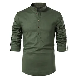 Army Green Cotton Linen Shirt Men 2024 Brand Slim Fit Mandarin Collar Dress Shirt Men Daily Casual Yoga Shirt Male Chemise Homme