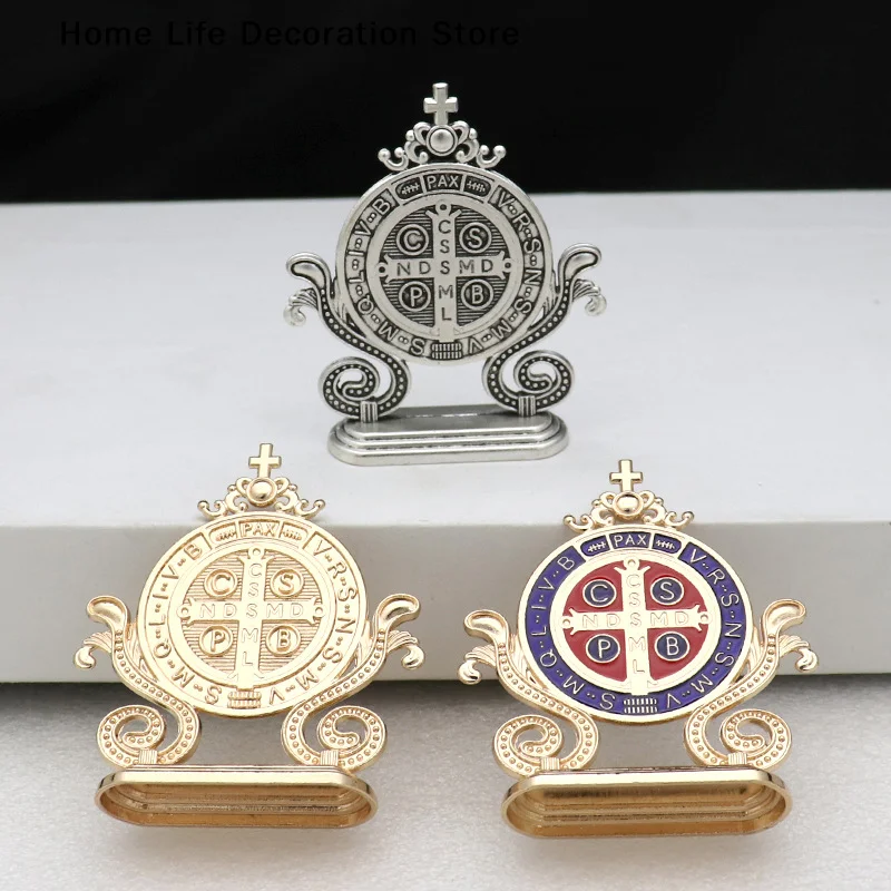 St. Benedict Cross Craft Ornament Enamel Alloy Saint Benedict Statue Car Home Office Table Decoration Religious Blessing Decor