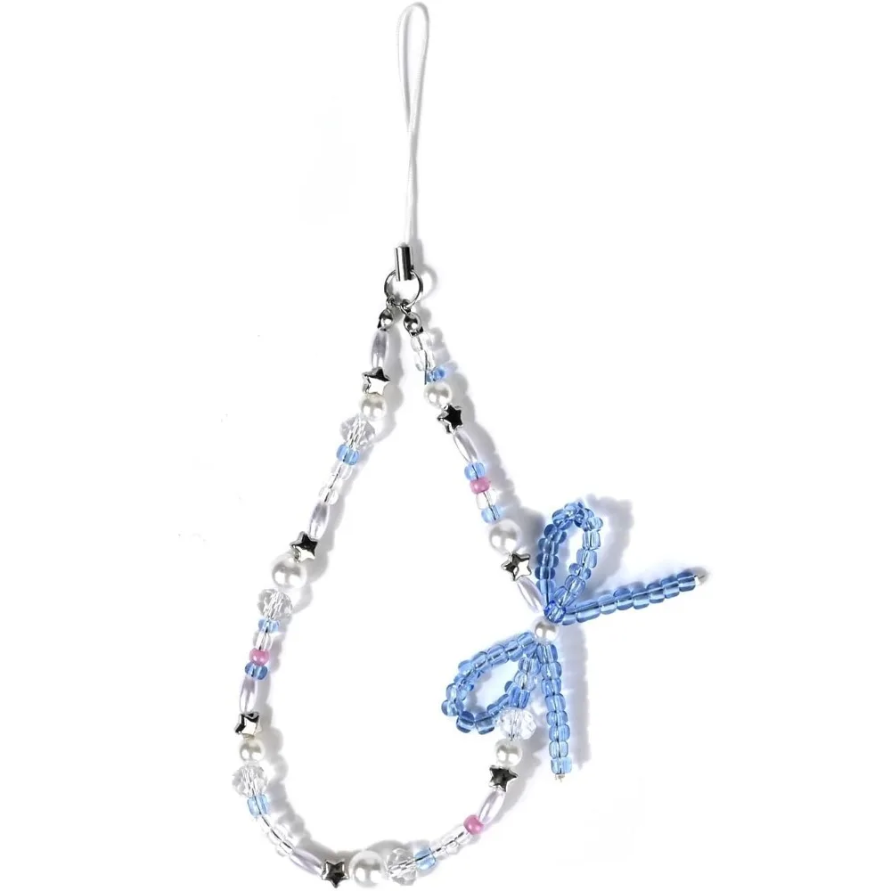 

Милый бант с кристаллами и бисером, эстетический универсальный ремешок для мобильного телефона, аксессуары для сумки, подвески для камеры, декор-синий