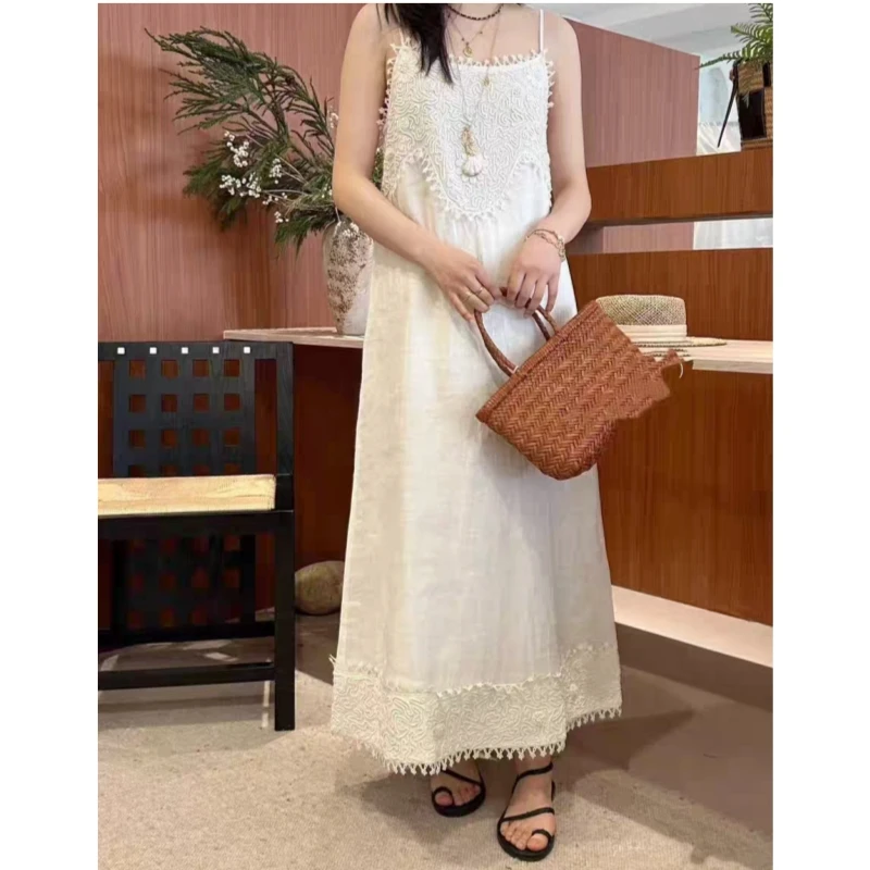 

Summer 2025 Women's Heavy Industry Lace Embroidery Linen Strap Mid length Skirt