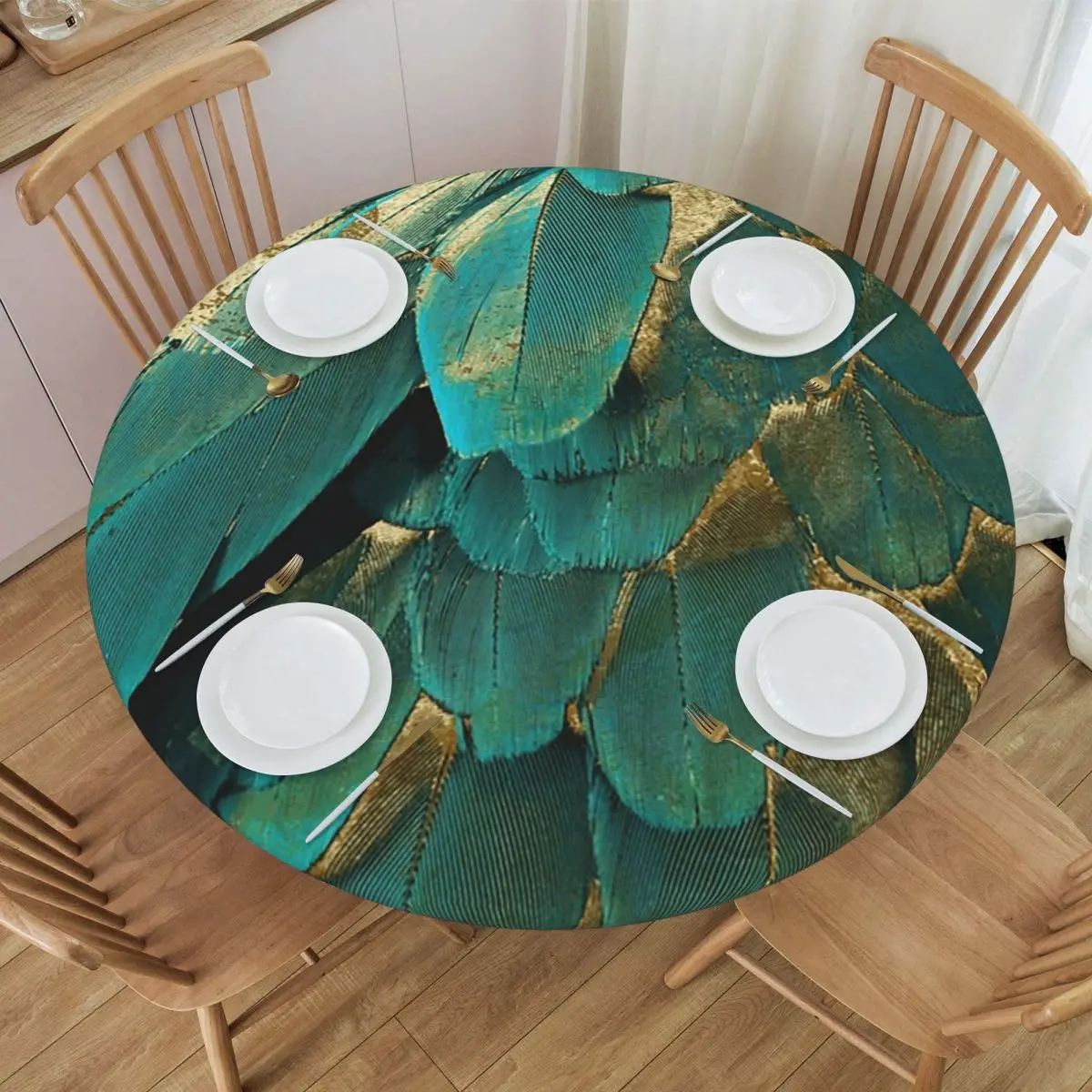 Feather Glitter Teal And Gold Waterproof Round Tablecloth Oilproof Table Cloth for Kitchen Events Dining Table Cover