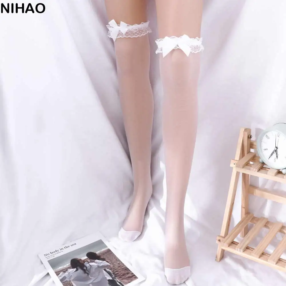 

Breathable Fashion Elastic Women Lace Polyester High Knee Socks Hosiery Bow Stockings