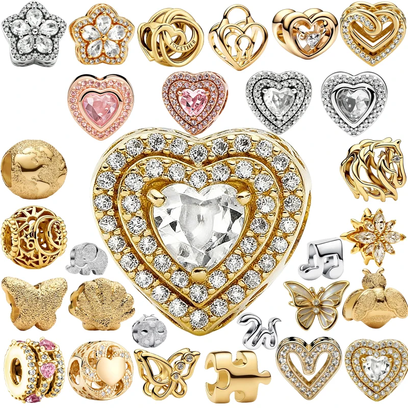 Original Charm Beads,Sparkling Leveled Hearts Charm&Sparkling Entwined Hearts Charm Bead Fit Pendant Bracelet Women Jewelry Gift