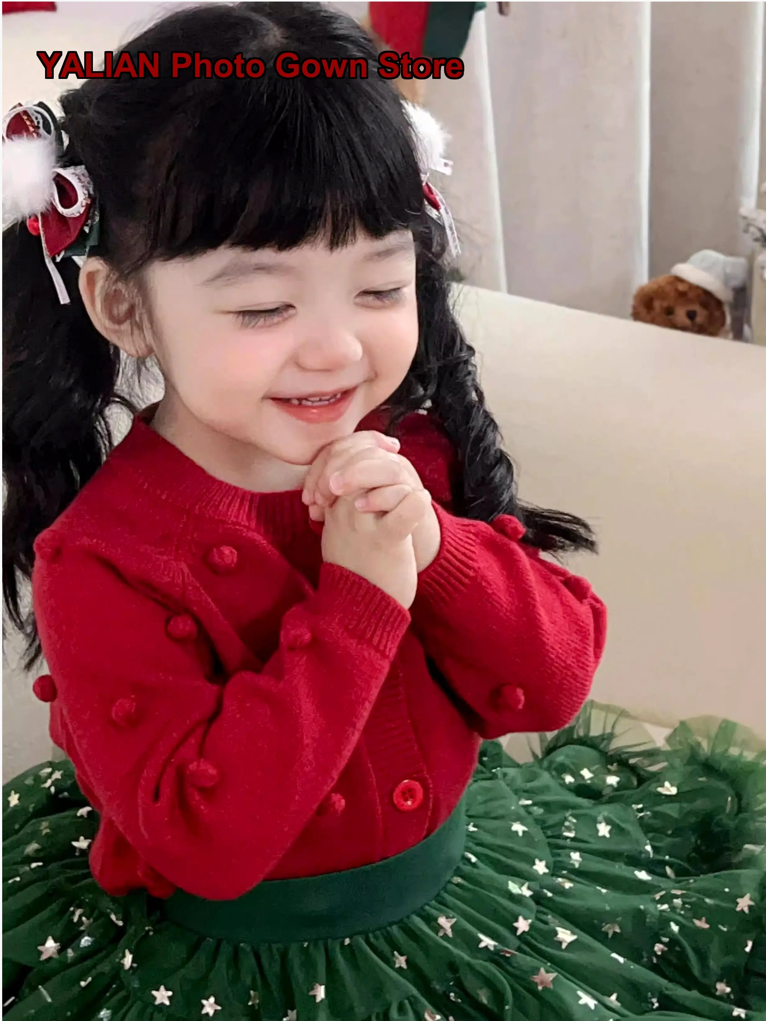 Little Princess Red Knit Top with Fur Ball Decorated Coat Green Star Tutu Skirt for Holiday