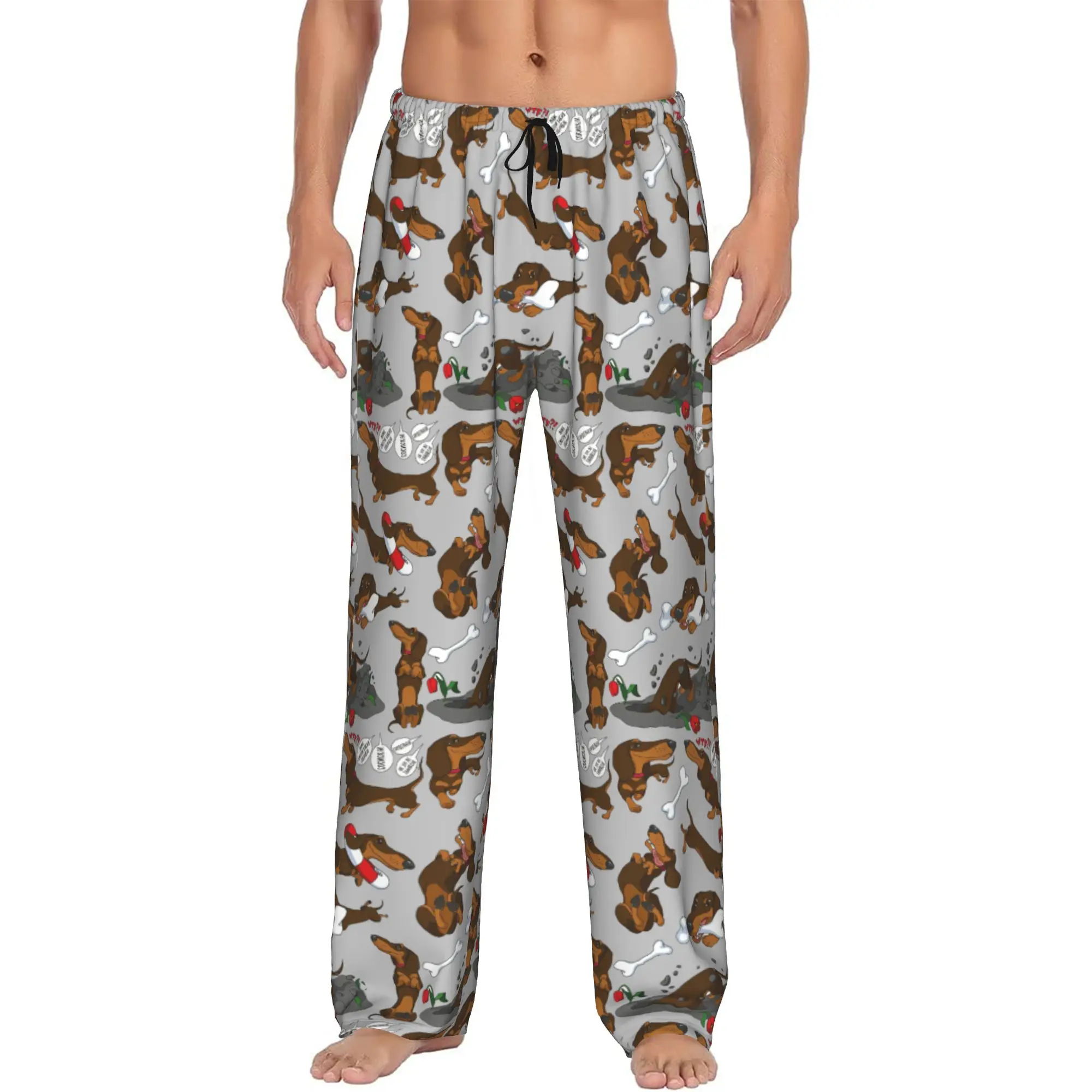 Custom Men's Funny  Dachshund Cartoon Pattern Pajama Pants Print  Sleep Sleepwear Bottoms with Pockets