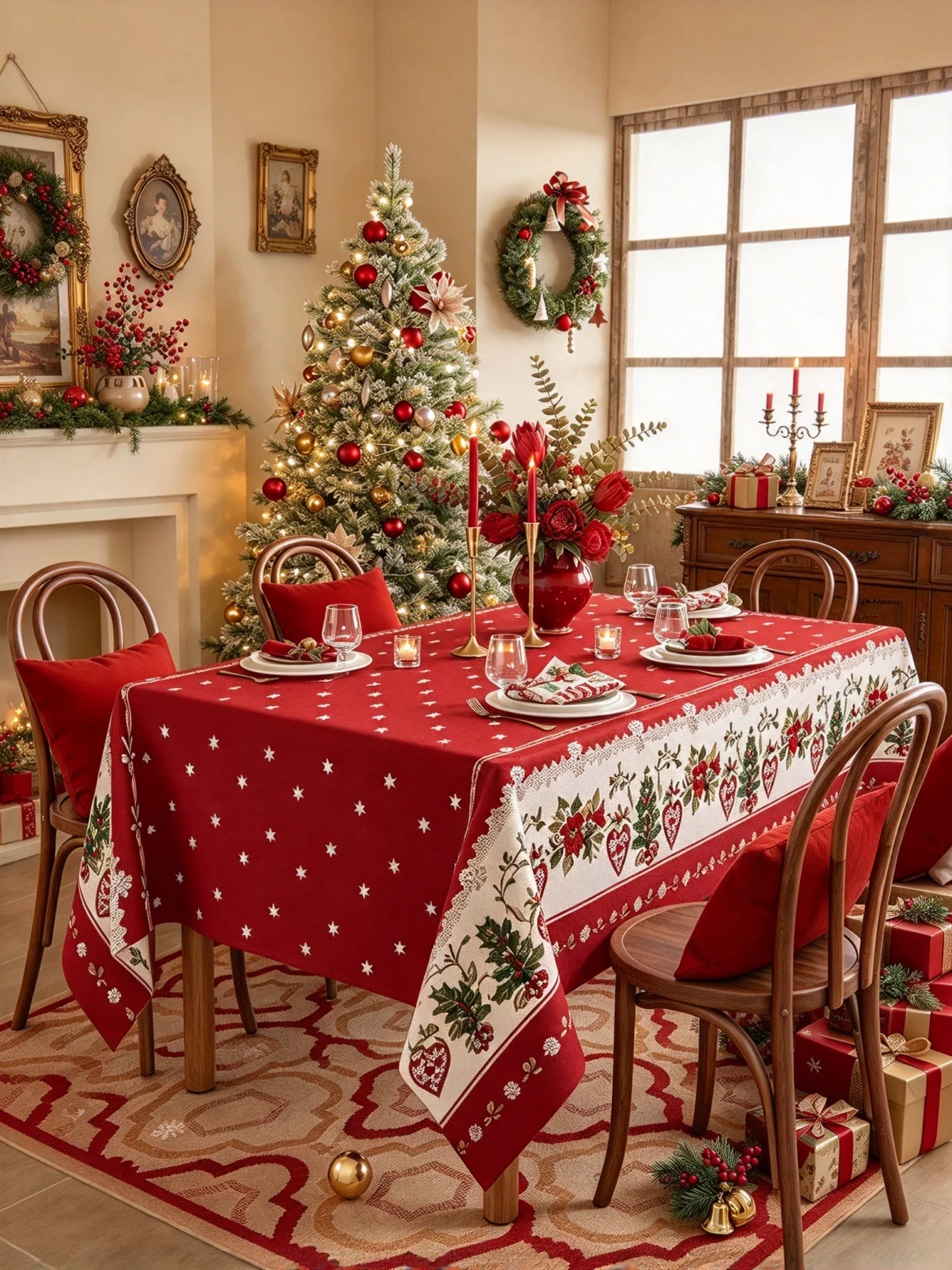1Pcs Red Christmas Tablecloth Peach Skin Print Waterproof Stain-Resistant Rectangular Retro Cottagecore for Family Xmas Banquet
