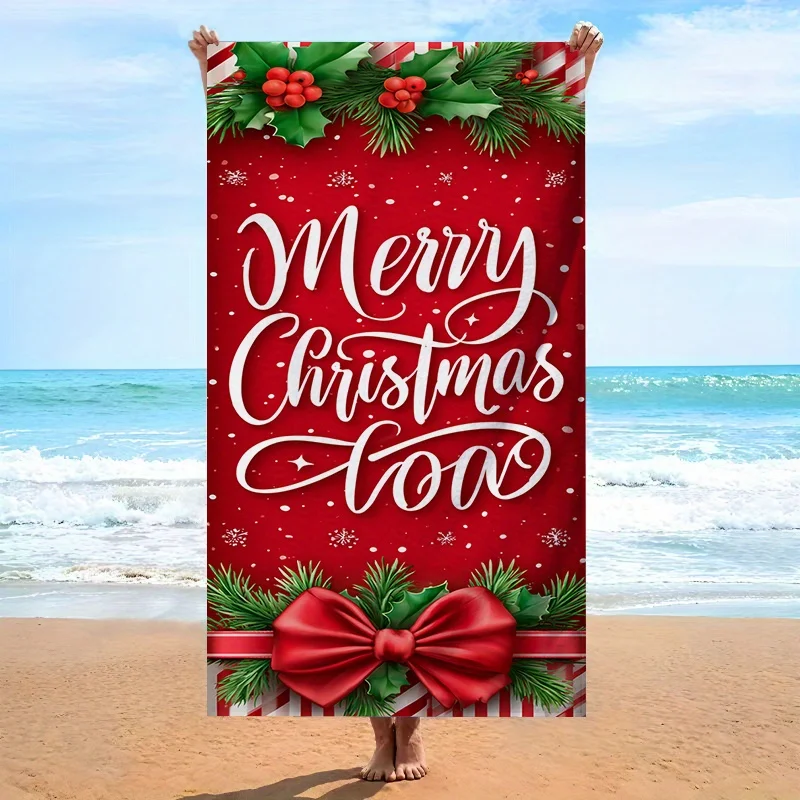 Festive Red Merry Christmas Typography Holly Berry Bow Print Beach Towel Soft Absorbent for Holiday Seaside Vacation Relaxation