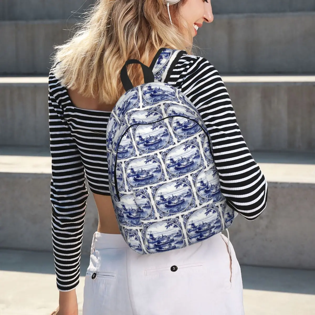 Dutch Blue Delft Windmill Church And Sailboats Backpack Hot Sale Daypack Children BookBag School Bag Shoulder Bags for Men Women