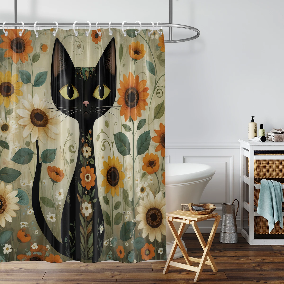 1PC watercolor cats and sunflowers printed shower curtain, waterproof, washable, with 12 hooks, bathroom shower, home use