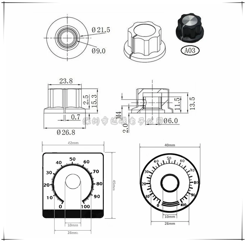 1 pz A03 manopola in bachelite MF-A03 manopola + scala a quadrante con scala potenziometro e bilancia digitale 6MM