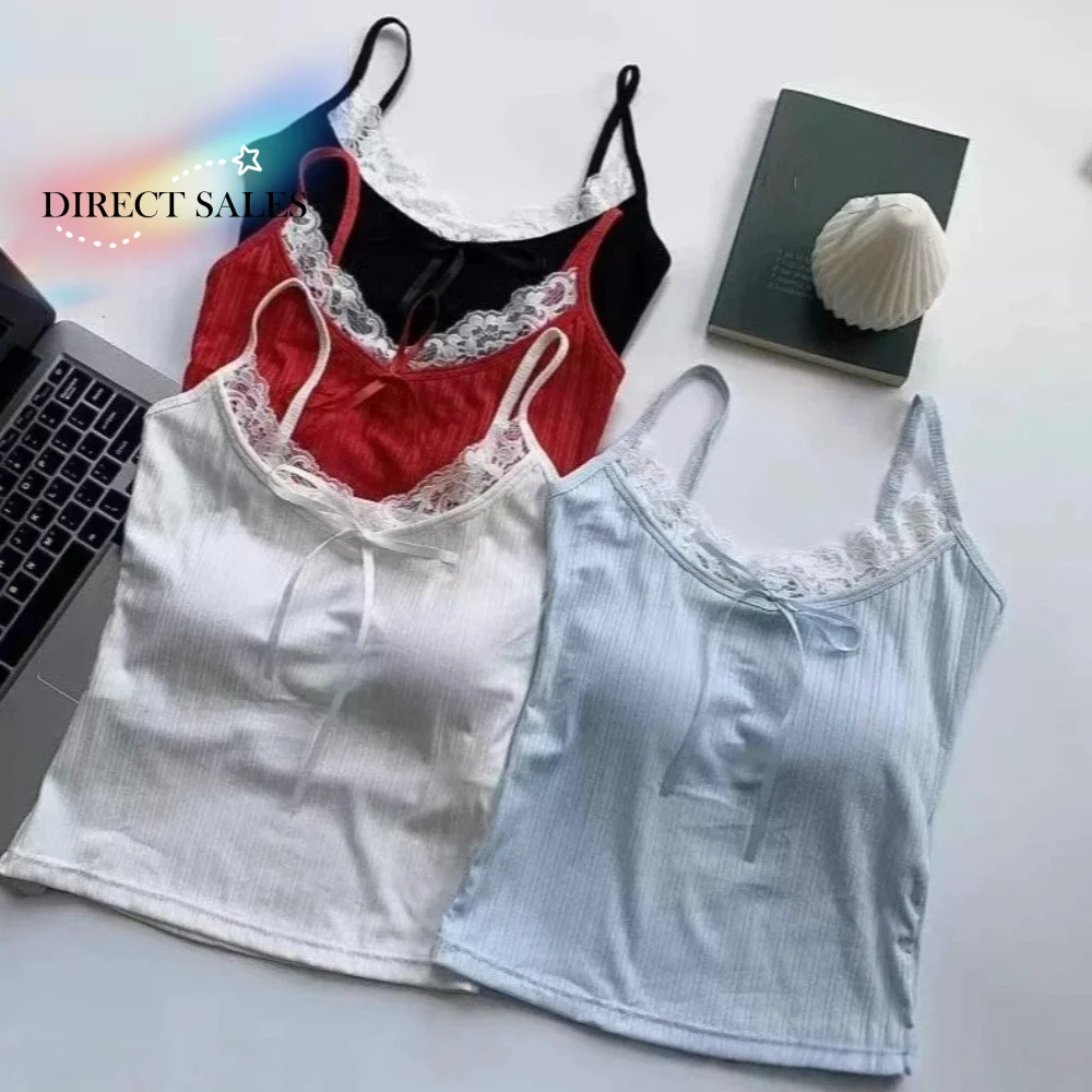 Waist-cinching Sleeveless Slim Lace Crop Top Solid Color Sweet Girl's Vest Top Bottoming Shirt Y2k Camisole with Pads Summer