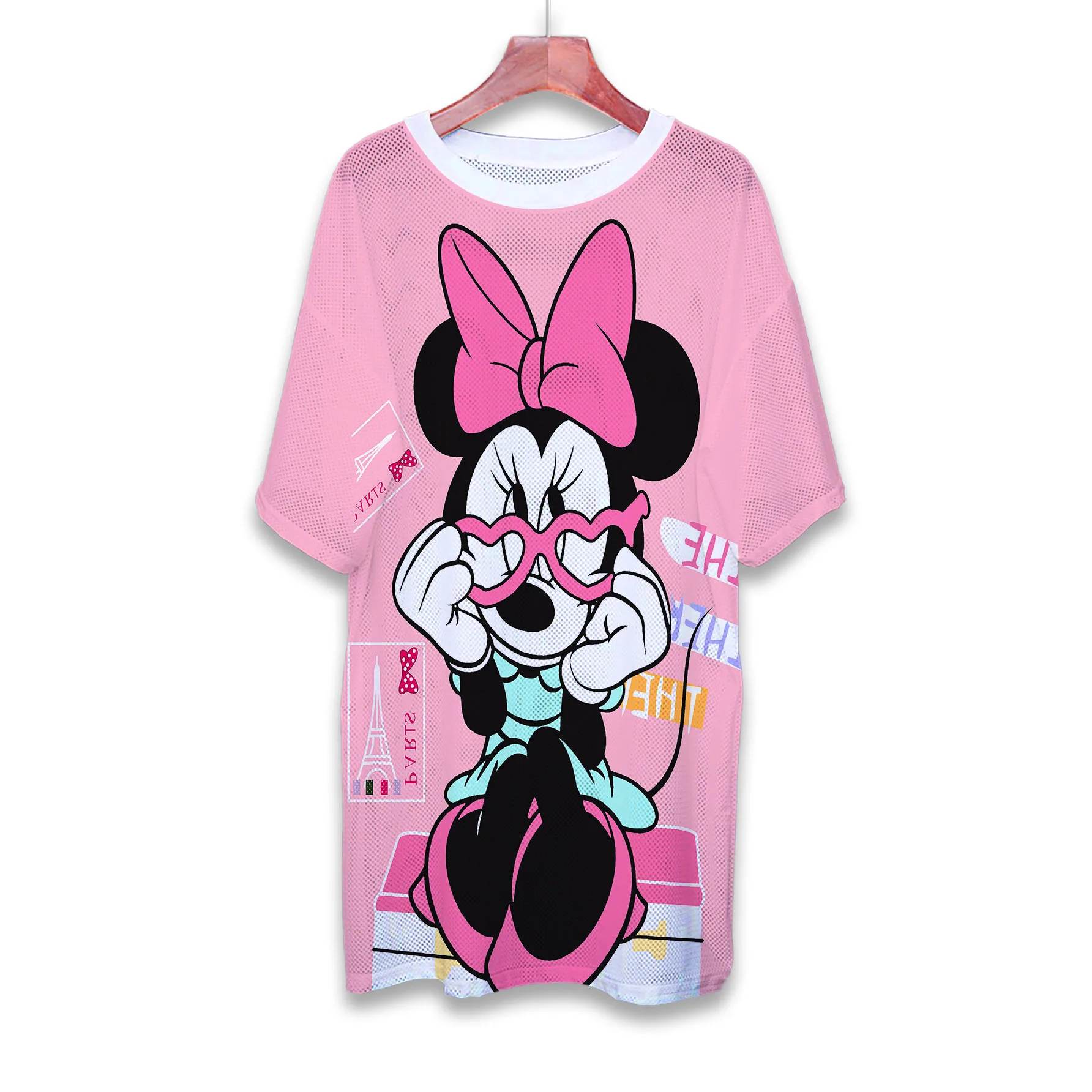 Disney Women Minnie Pajamas Nightdress Summer Loose Homewear Pajamas Midi Skirt Girl Short Sleeve T-Shirt Mesh Quick Dry Clothes