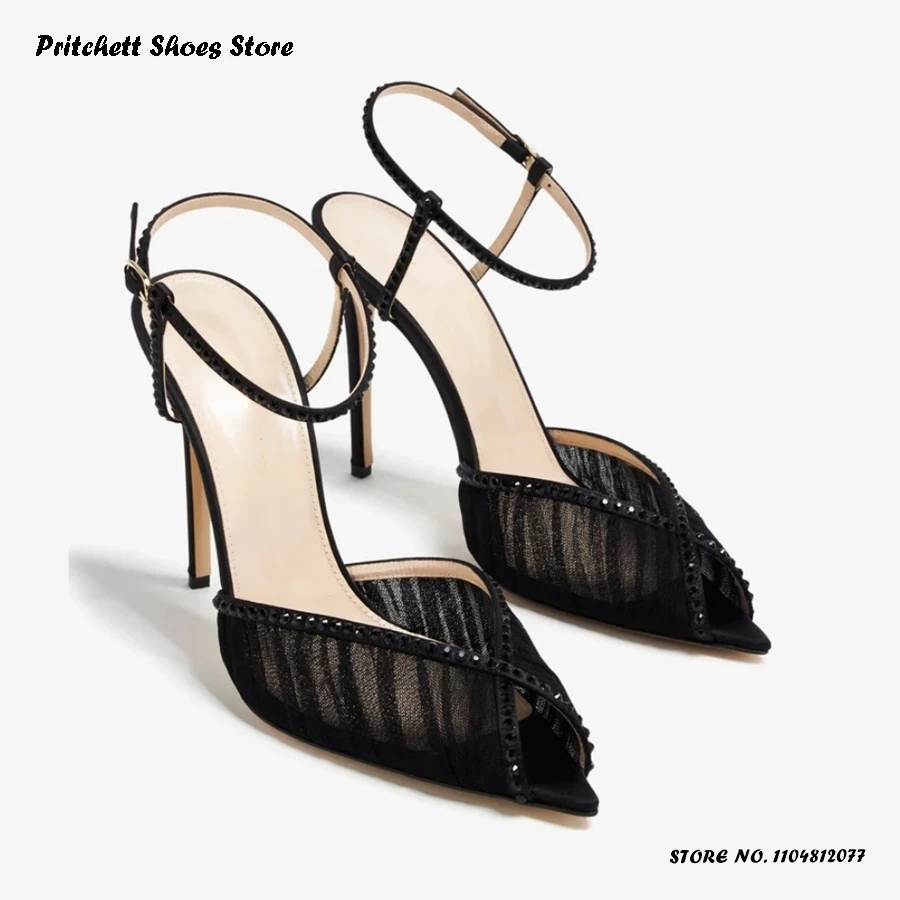 

Women's Crytal Trimmed Tulle Sandals Elegant Pointed Toe Thin Heels Party Wedding Shoes Spring Summer Buckle Strap Stilettos