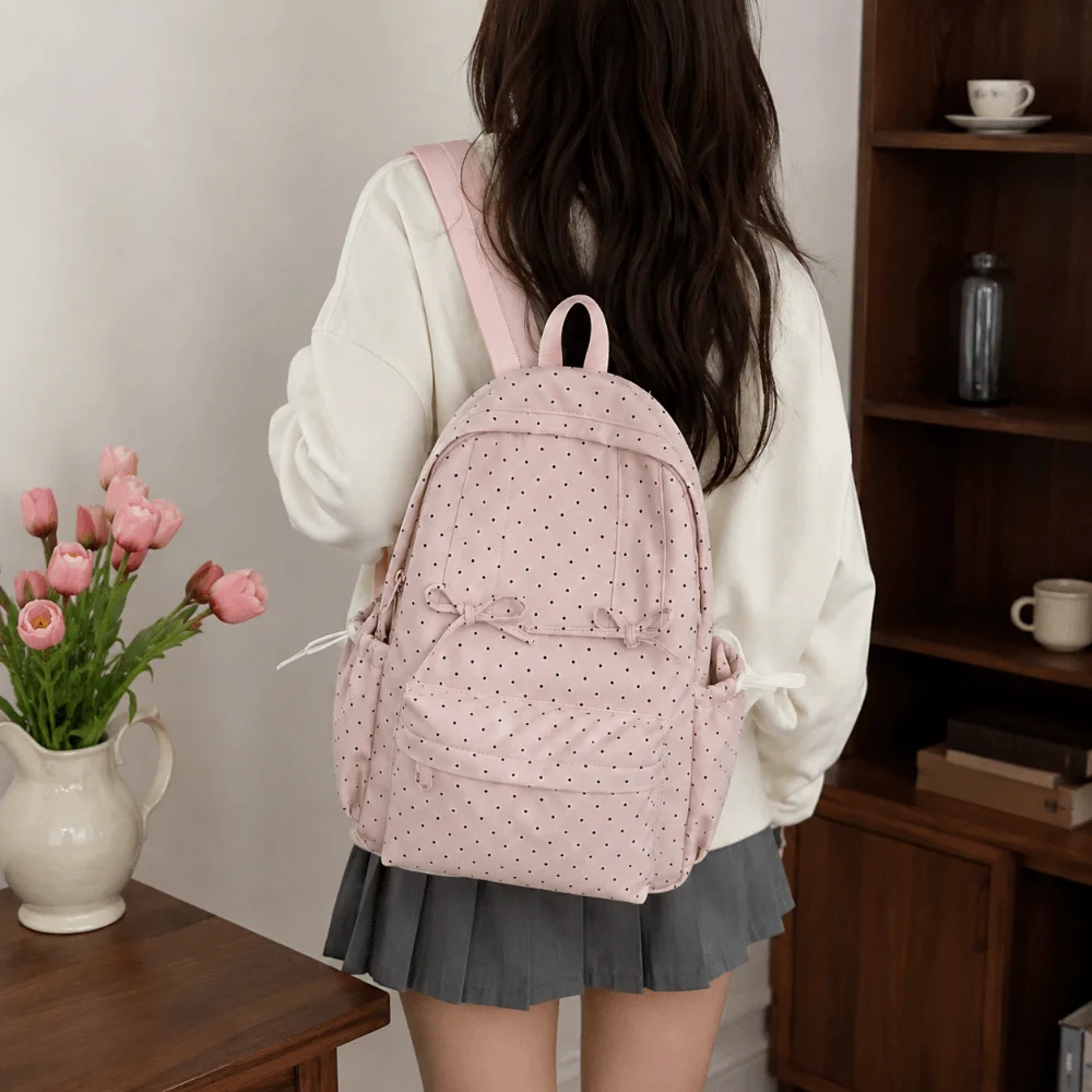 Cute Sweet Polka Dot Backpack Large Capacity Lightweight Minimalist Rucksack Bow Design Durable Student School Bag Commute