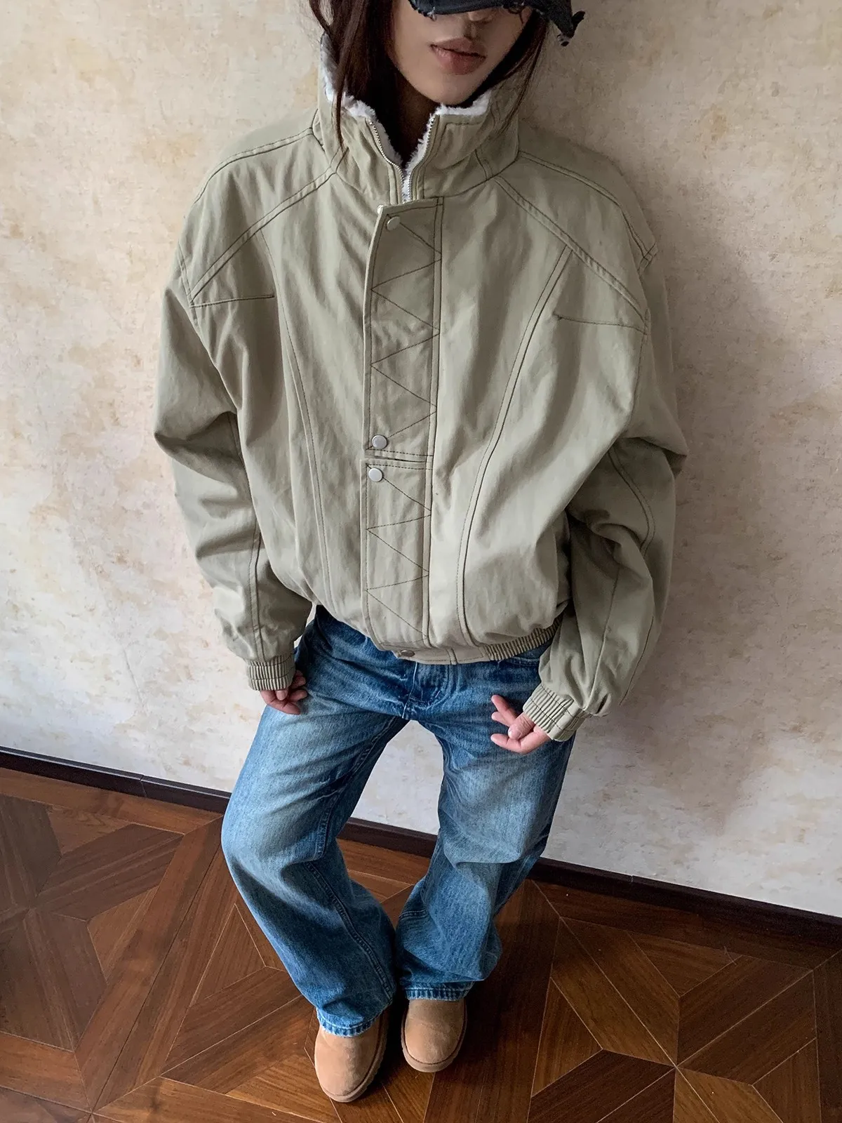 معطف Jaet نسائي فضفاض من القطن المفكك من American High Street مع سحاب إغلاق وياقة واقفة