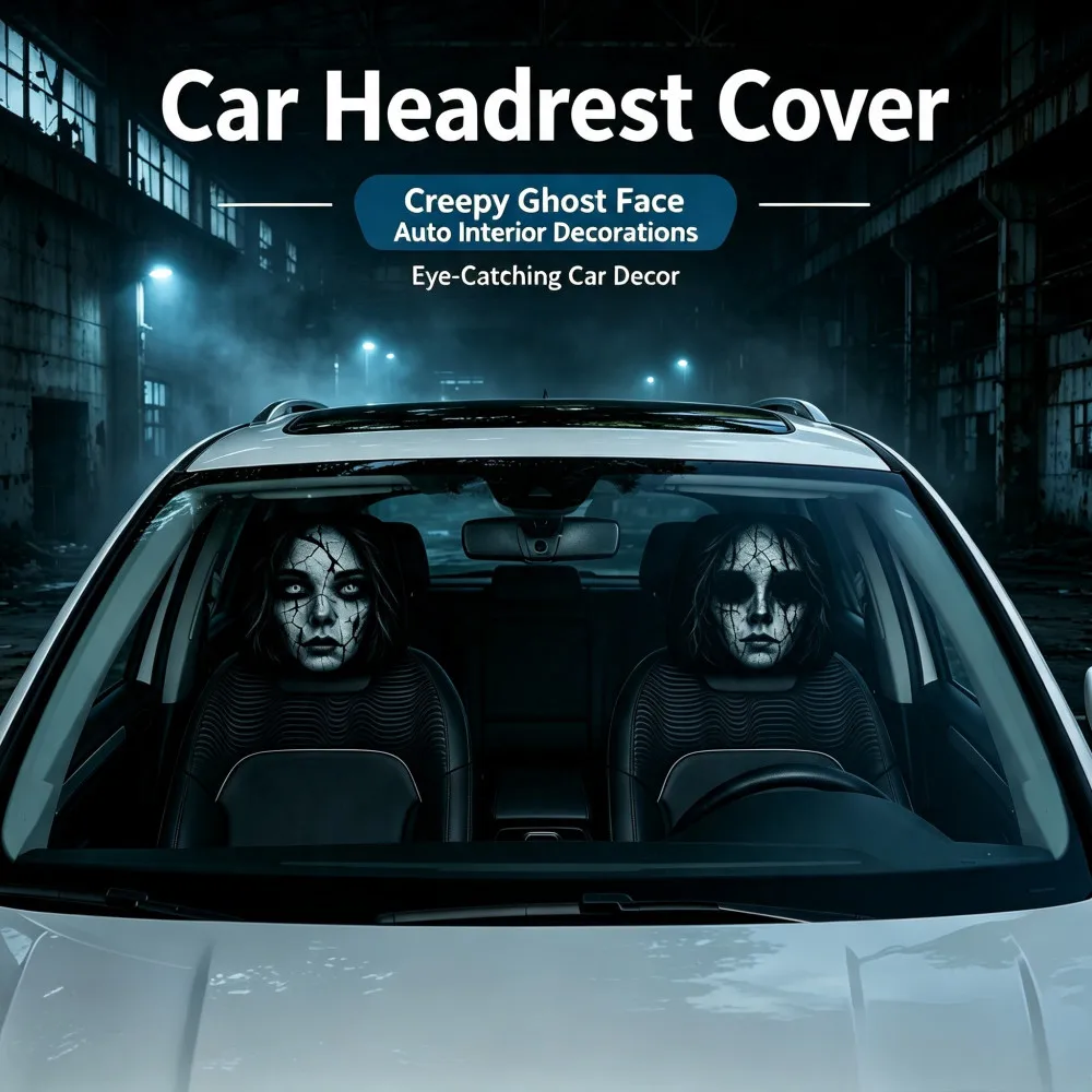 2Pcs Horror Cracked Face Ghost Girl Car Headrest Covers , Halloween Themed 2D Print, Soft High Elastic Fabric, Universal