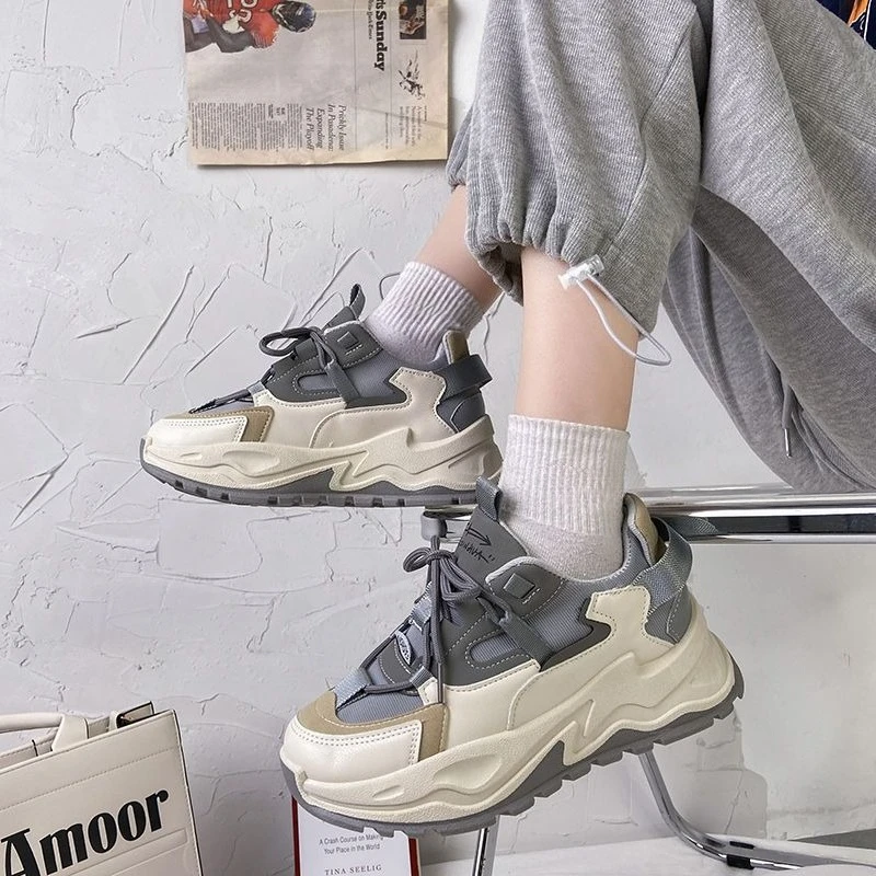 Student Friendly Clunky Sneakers Women 2025 Spring Summer Thick Heel Height Boost White Sneakers Korean Style Trendy Athleisure​