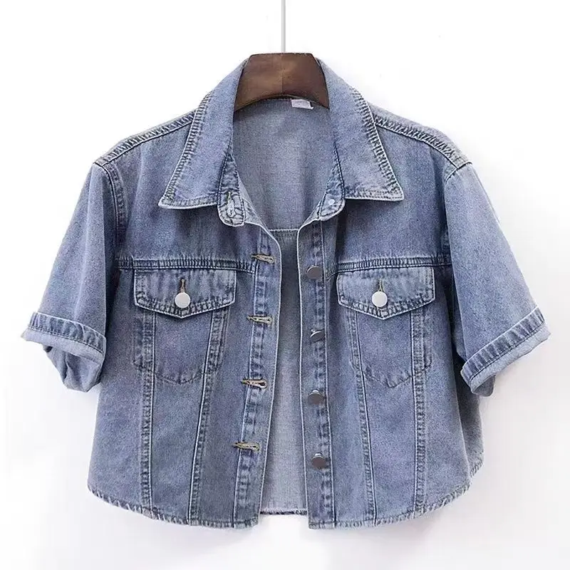 

2024 Summer Denim Shirt Jacket: Korean Cropped Short Sleeve Oversized Light Wash Cover Up Versatile Open Front Shacket for Women