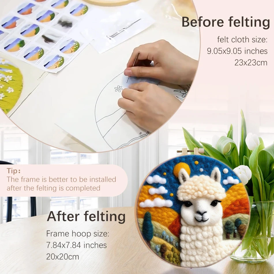 GATYZTORY Funny Animal DIY Wool Needle Felt Koala Raccoon Alpaca DIY Wool Embroidery Kit 20x20cm Frame Needle Felt Picture Kit H