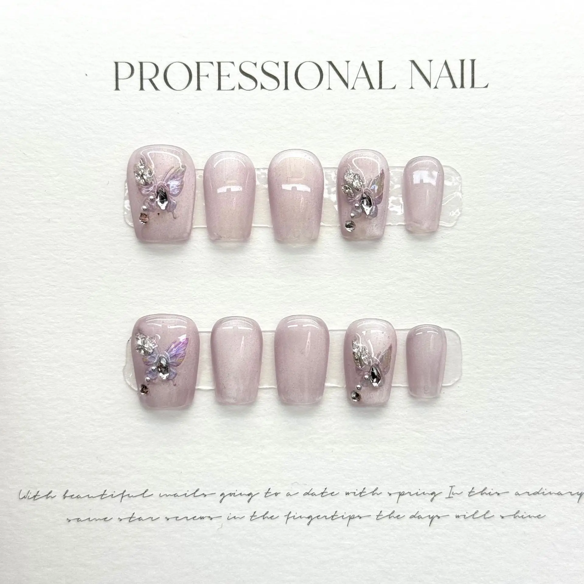 10ชิ้นเล็บปลอมทำด้วยมือสีม่วงเล็บกดที่ตาของแมวออกแบบ rhinestone ผีเสื้อสวมใส่เล็บปลอมทำเล็บมือ DIY