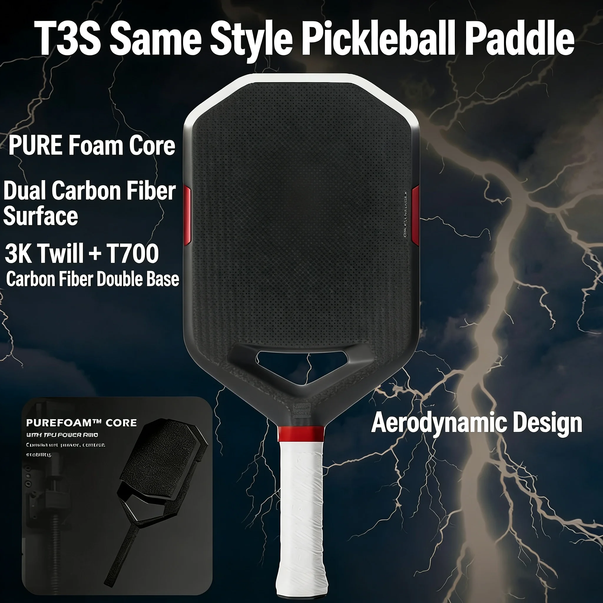 

Аэродинамически обтекаемая конструкция, ракетка для пиклбола из углеродного волокна 3K, силовой кольцевой элемент из ТПУ, цельный пенополиэтиленовый сердечник толщиной 16 мм.