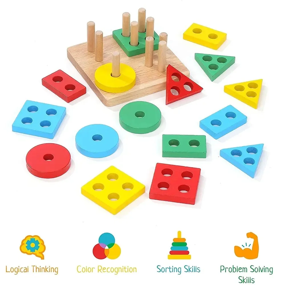 Montessori Wooden Sorting and Stacking Toys Educational Learning Preschool Color Recognition Shape Sorter Puzzles for Kids Gifts