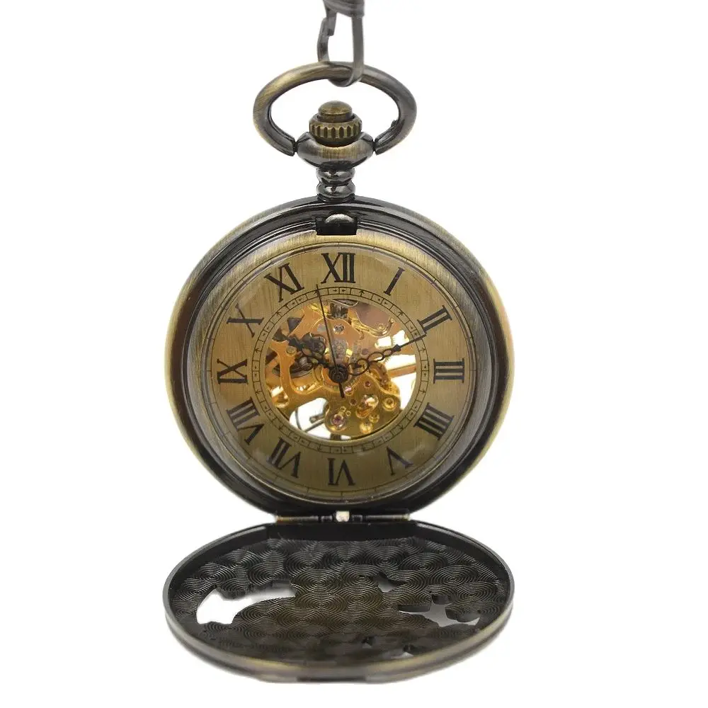 Vintage Style Bronze Tone Flying Eagle Mechanical Pocket Watch With Chain Roman Numerals Hand-Wind Steampunk Reloj de bolsillo